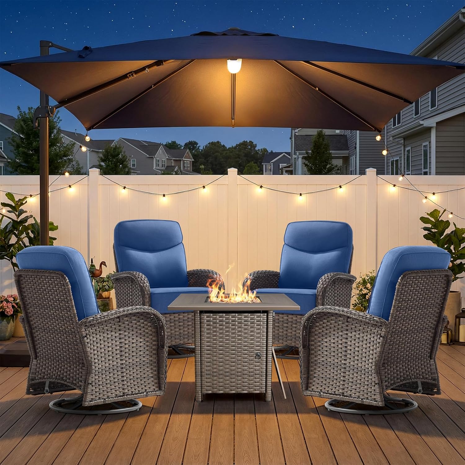 ACTREST Navy Blue patio set with fire pit,should I buy ACTREST wicker swivel chairs,ACTREST fire pit table set pros cons,best 5 piece outdoor furniture for porch,ACTREST patio set worth buying,oval vs rectangular fire pit table for car camping unboxing and complete package contents