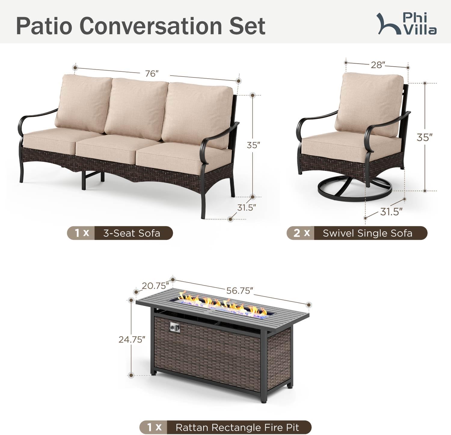 PHI VILLA patio fire pit set best outdoor patio furniture with fire pit PHI VILLA wicker sofa set review should I buy PHI VILLA fire pit table outdoor conversation set fire pit pros cons patio furniture with fire pit worth buying unboxing and complete package contents