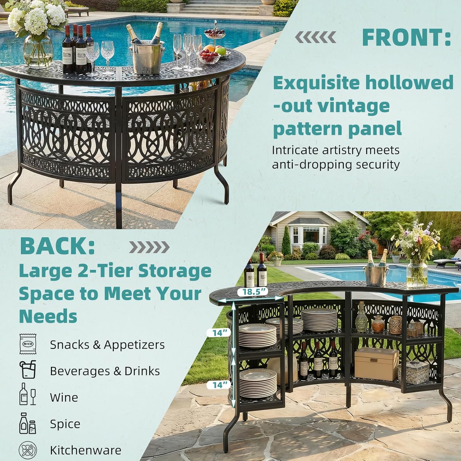 best cast aluminum bar table,half moon patio table storage shelves,heavy duty outdoor bar table 220 lbs,cast aluminum vs wrought iron bar table,75 inch counter height table pros cons,should I buy MEETWARM outdoor bar table performance testing and real-world results