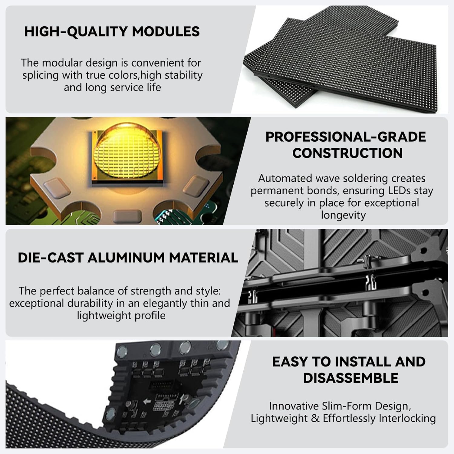 Step-by-step assembly of the best portable LED wall display, showing the frame construction and cabinet locking process.