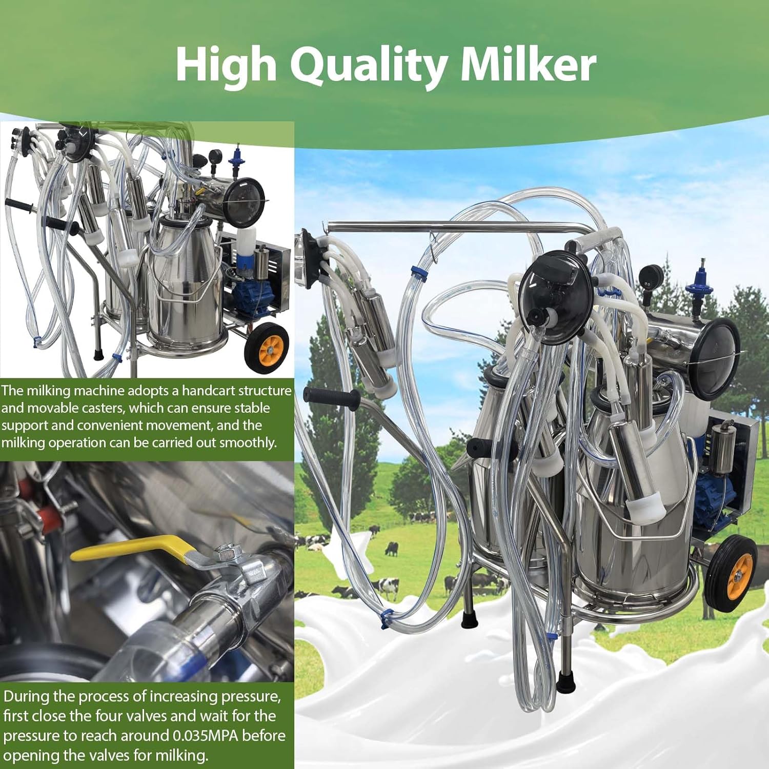 buy 50L vacuum pump milking machine,should I buy a milking machine for cows,1.1KW portable milker vs alternatives,adjustable pressure pulsator milking system pros cons,best dairy farm equipment for 20 cows per hour,50L stainless steel milking bucket worth buying unboxing and complete package contents