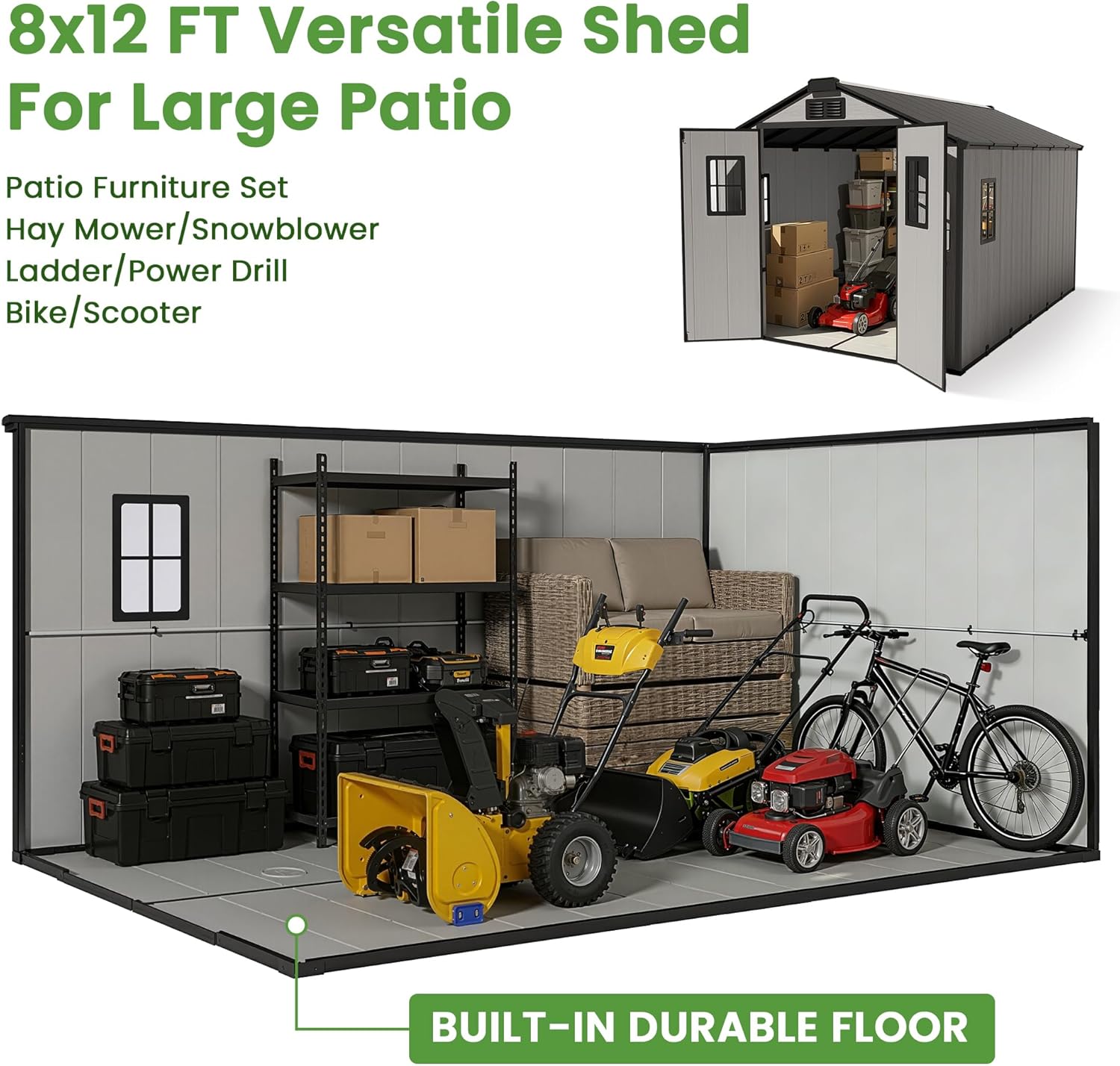 buy HOOOWOOO 8x12 storage shed,should I buy a resin storage shed,HOOOWOOO 8x12 shed pros cons,best plastic garden shed for lawn,resin shed vs metal shed worth buying,8x12 walk in shed for car accessories unboxing and complete package contents
