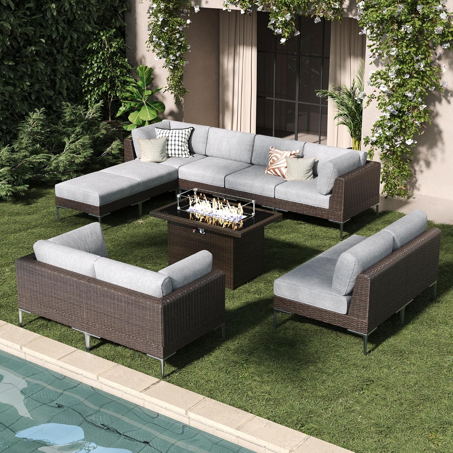 Image 1 of buy LayinSun 11-piece modular wicker sectional sofa fire pit