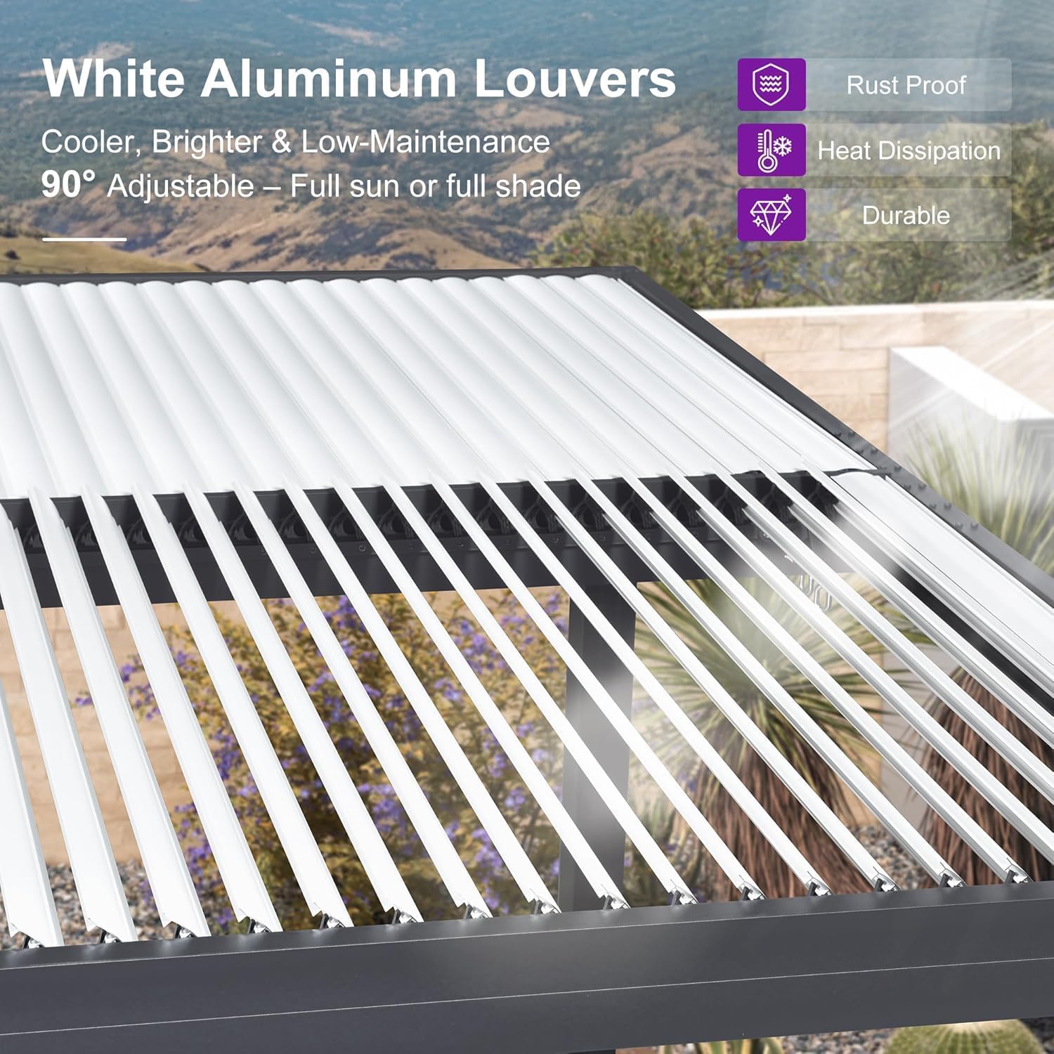 The PURPLE LEAF pergola in use during a rain shower, demonstrating its waterproof capabilities and drainage.