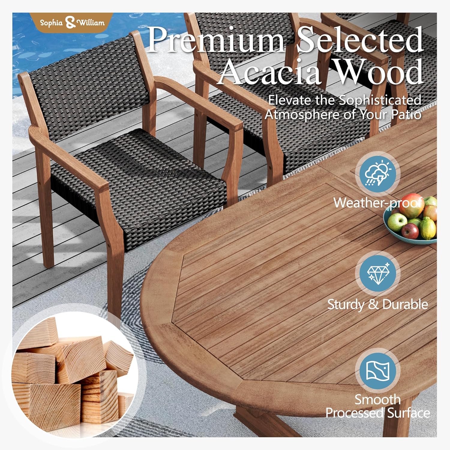 buy Sophia & William patio dining set,Sophia & William outdoor table and chairs pros cons,best acacia wood dining set for patio,should I buy expandable outdoor table,Sophia & William 9 piece set worth it unboxing and complete package contents