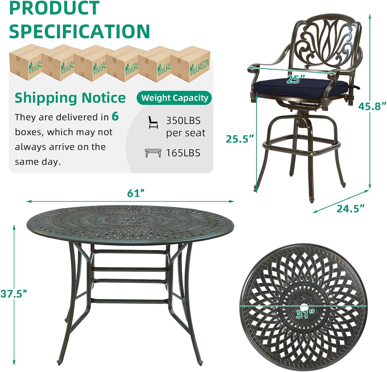 buy VIVIJASON patio bar set,VIVIJASON cast aluminum dining set pros cons,best patio bar table and chairs for outdoor use,swivel bar stools vs stationary worth buying,should I buy a cast aluminum patio set,VIVIJASON bar set with lazy Susan features unboxing and complete package contents